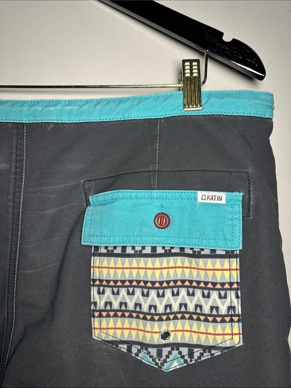 Katin Men's Gray Aztec-Stripe Swim Trunks with Aqua Waistband